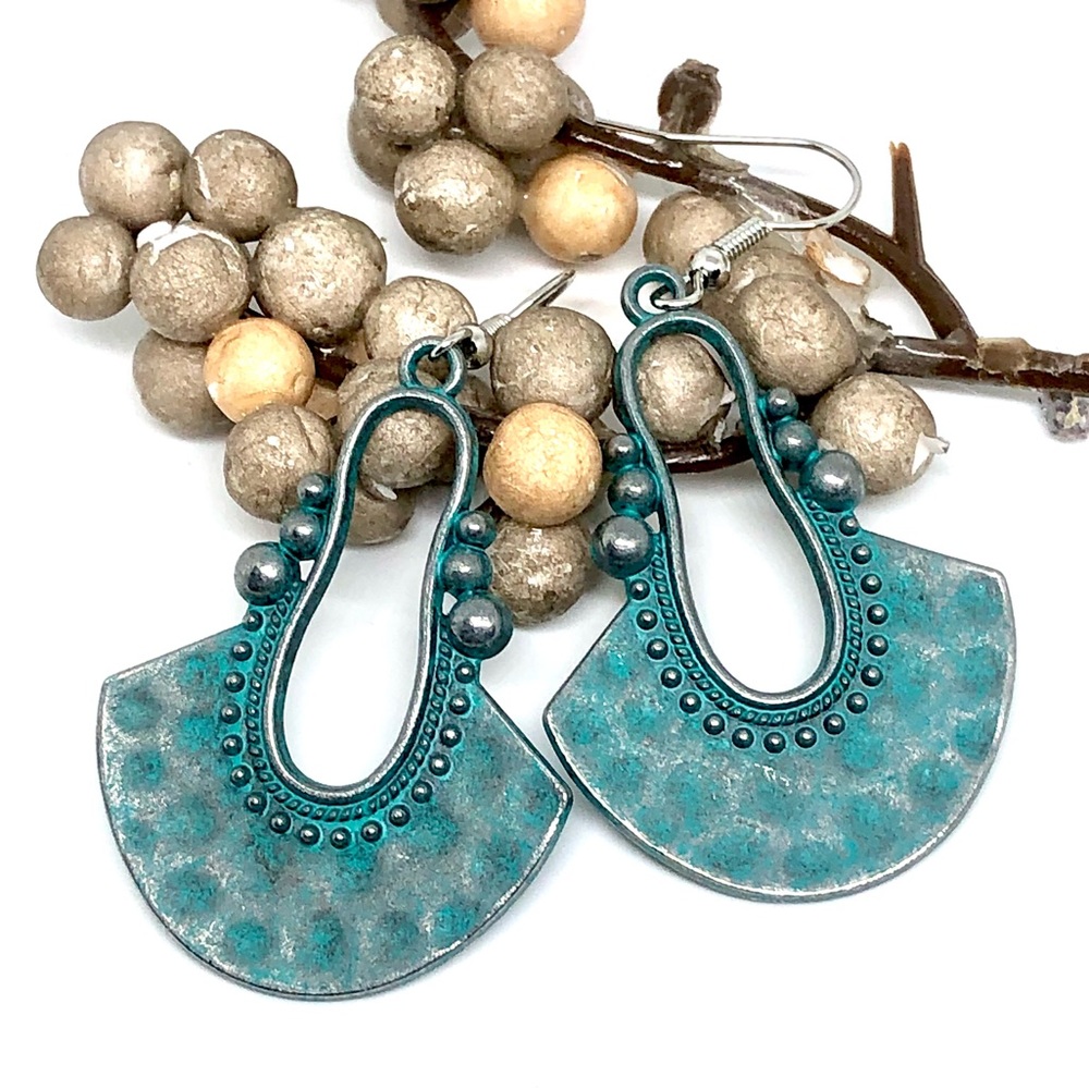 Verdigris Patina Blue Green Hammered Finish Boho Ethnic Tribal Dangle Earrings